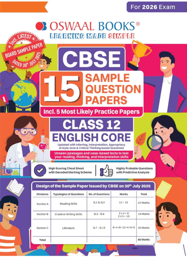 Oswaal CBSE 15 Sample Question Papers Class 12 English Core for 2026 Board Exam (As per CBSE Sample Question Paper issued on 30 July 2025), ... 5 Most Likely SQPs & all types of CBQs